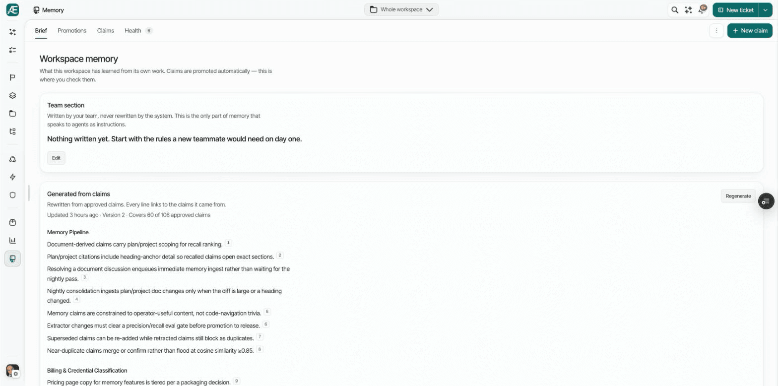 The Workspace Memory brief: a team-written section above a generated section whose lines link back to the claims they came from.